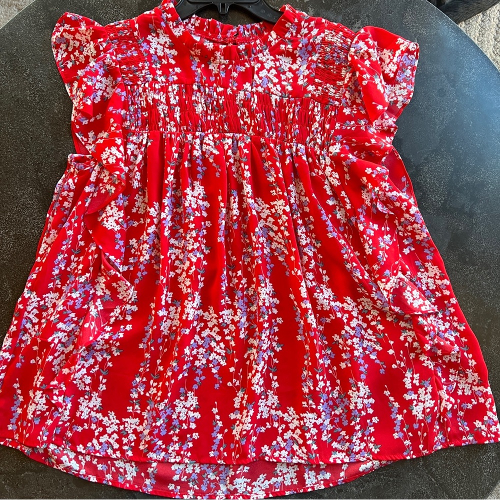 Floral Red Blouse with Ruffle Sleeves and Ruching - Size XL - Picture 3 of 9